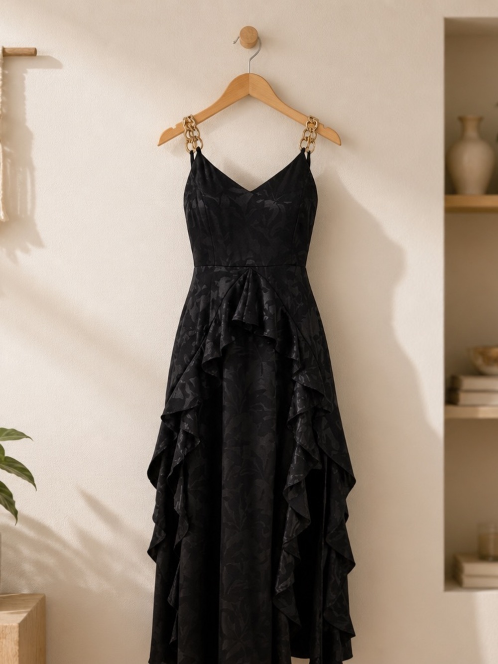 Black Strapless V-Neck Ruffle Midi Dress with Gold Chain Straps - Picture 1 of 9